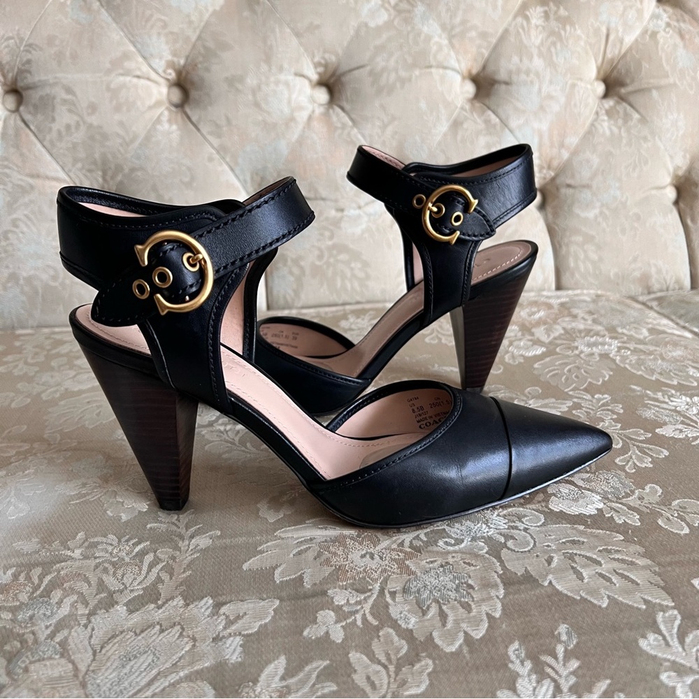 Coach Black Leather Heels with Gold Buckle